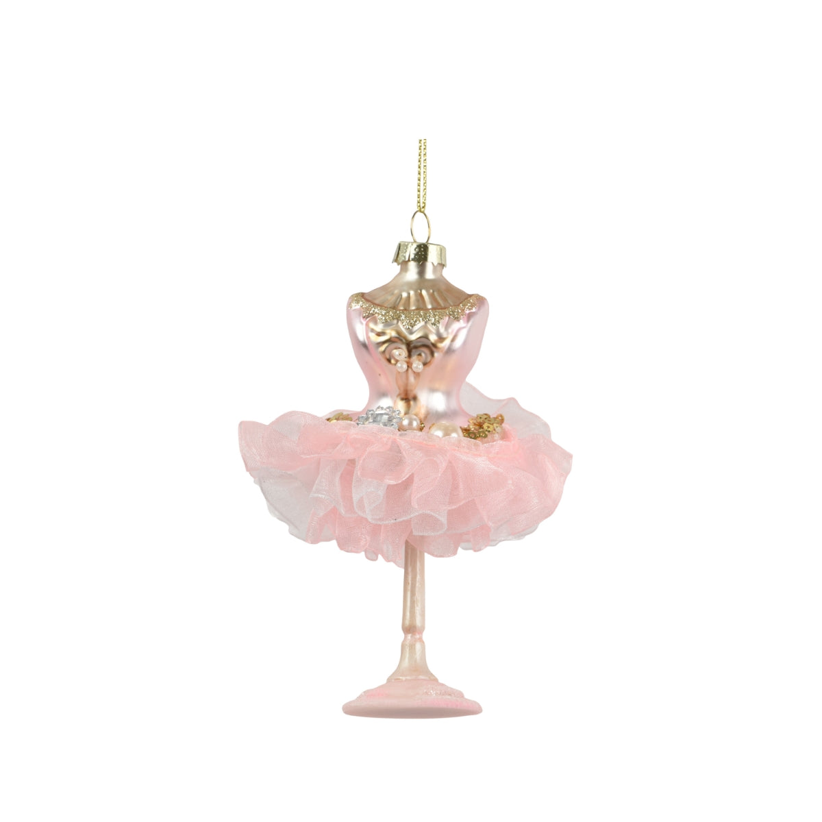 КОЛЕДНА ИГРАЧКА ЗА ЕЛХА ДАНТЕЛЕНА РОКЛЯ PINK GOLD 13 СМ